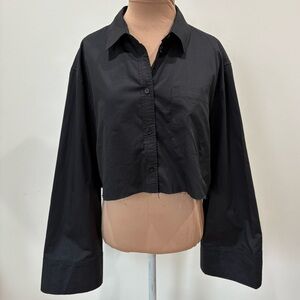 Parentezi Nina Raw Hem Wide Sleeve Black Poplin Cotton Crop Button Down Shirt M